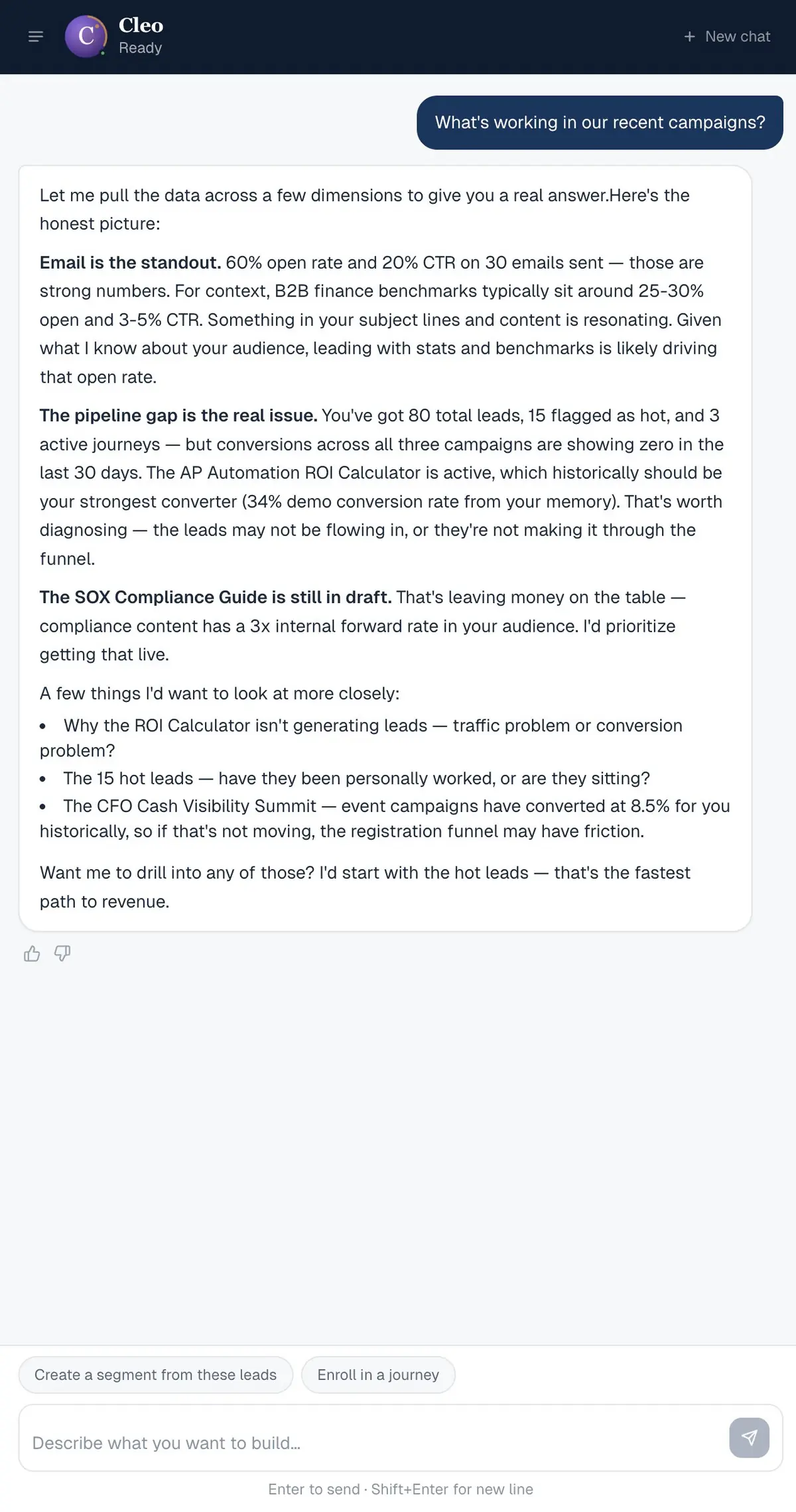 A real Cleo response analyzing 30 days of campaign performance, identifying email as the standout channel, flagging a pipeline conversion gap, and recommending what to investigate first.